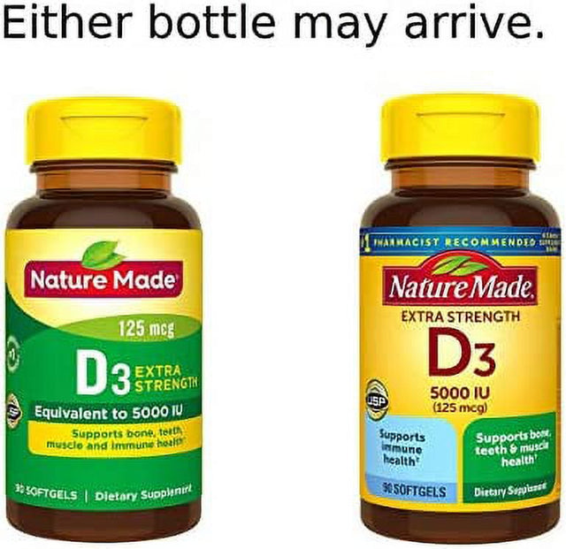 Nature Made Extra Strength Vitamin D3 5000 IU (125 Mcg), Dietary Supplement for Bone, Teeth, Muscle and Immune Health Support, 90 Softgels, 90 Day Supply 90 Count (Pack of 1)