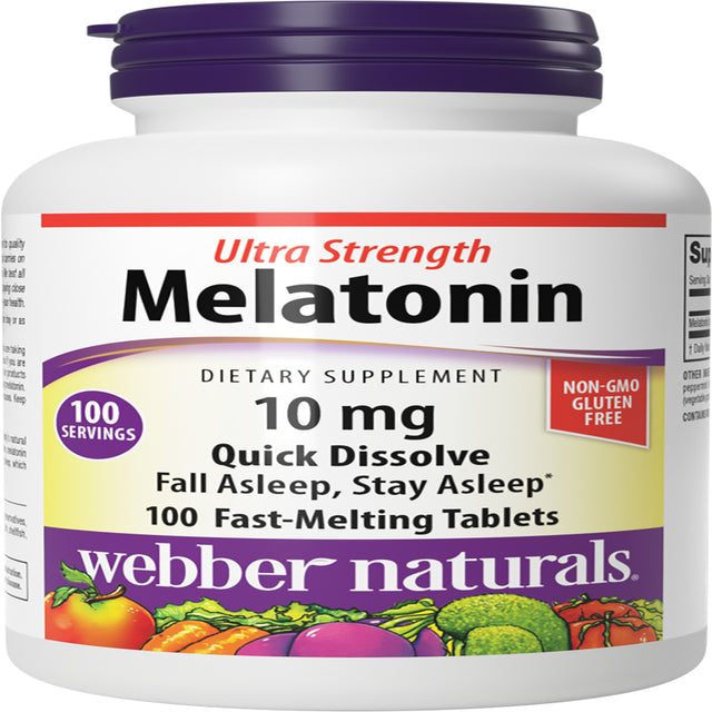 Webber Naturals Ultra Strength Melatonin 10 Mg, Easy Dissolve, 100 Tablets, for Sleep Support, Gluten Free, Non-Gmo, Suitable for Vegetarians