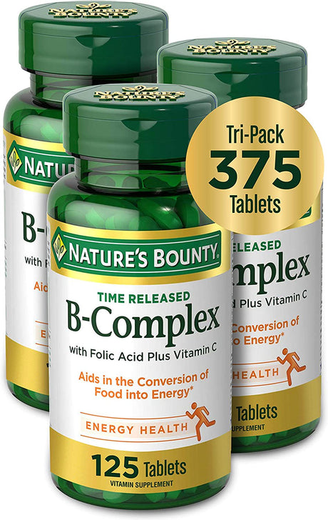 Vitamin B-Complex by Nature'S Bounty, Time Released Vitamin Supplement W/ Folic Acid plus Vitamin C, Supports Energy Metabolism and Nervous System Health, 125 Tablets (Pack of 3)