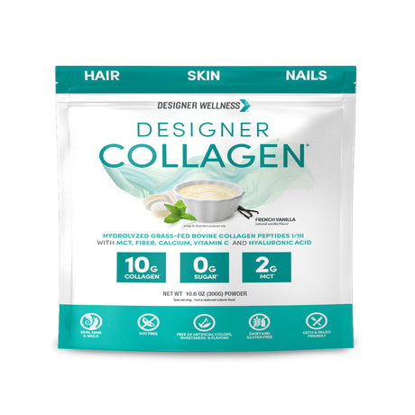 Designer Wellness, Designer Collagen, Hydrolyzed Grass-Fed Bovine Collagen Peptides I/III with MCT Oil, Vitamin C and Hyaluronic Acid, French Vanilla, 10.6 OZ