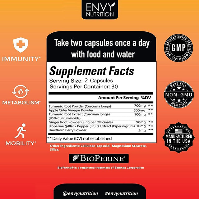 Envy Nutrition Turmeric Ginger Apple Cider Vinegar Pill Capsules with Bioperine, 60 Count