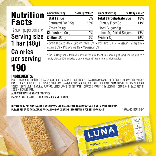 LUNA Bar - Lemonzest Flavor - Gluten-Free - Non-Gmo - 7-9G Protein - Made with Organic Oats - Low Glycemic - Whole Nutrition Snack Bars - 1.69 Oz. (12 Pack)