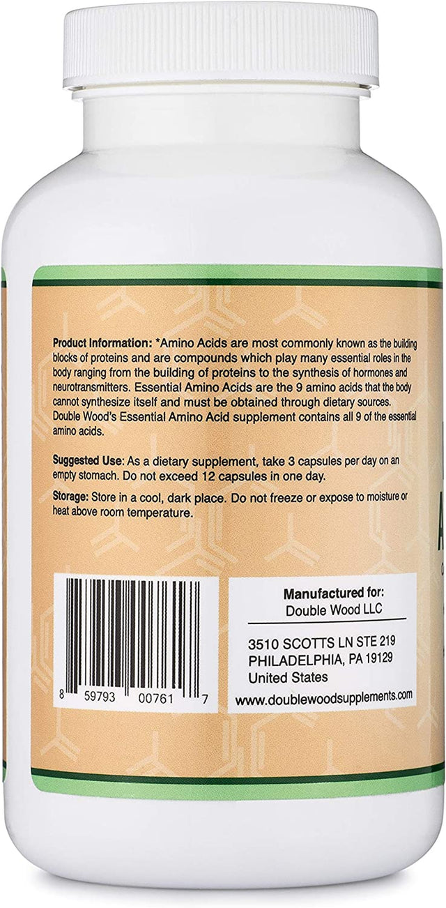 Essential Amino Acids - 1 Gram per Serving Powder Blend of All 9 Essential Aminos (EAA) and All Branched-Chain Aminos (Bcaas) (Leucine, Isoleucine, Valine) 225 Capsules by Double Wood Supplements