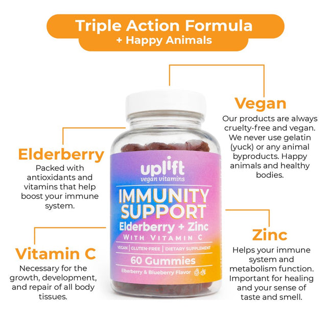 Uplift Immunity Vegan Gummies, Elderberry, Zinc, Vitamin C, 60 Ct Immune Support - Gluten-Free, Non GMO