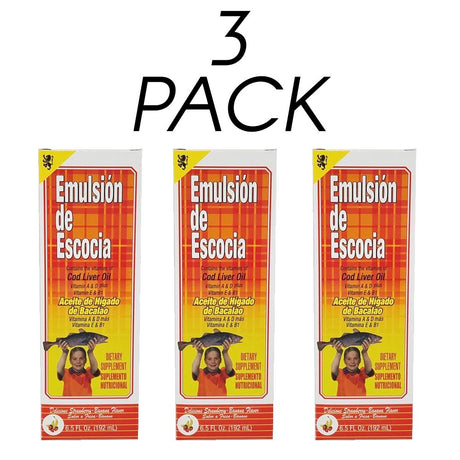 Emulsion De Escocia. Cod Liver Oil Dietary Supplement. Rich in Vitamins A, D, E and B1. Strawberry & Banana Flavour. 6.5 Fl.Oz. Pack of 3