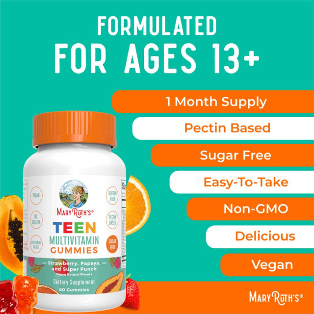 Maryruth Organics | Teen Multivitamin Gummies for Ages 13+ | Vitamins C, D, E, Zinc, and B Vitamins | Immune Support, Energy Boost, Skin & Hair Health | 60 Count