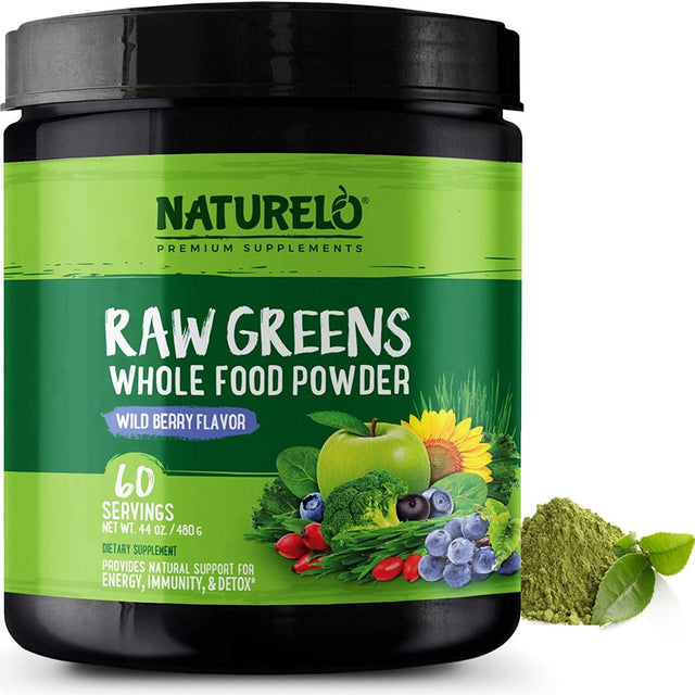 NATURELO Raw Greens Superfood Powder - Wild Berry Flavor - Boost Energy, Detox, Enhance Health - Organic Spirulina - Wheat Grass - Whole Food Nutrition from Fruits & Vegetables - 60 Servings