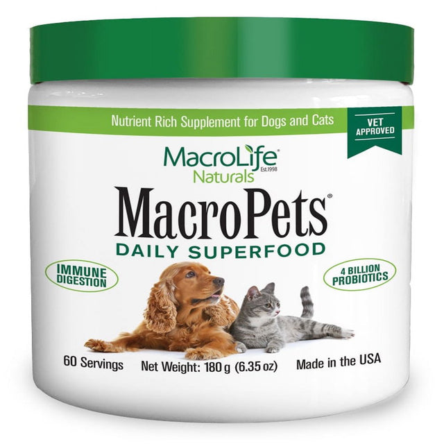 Macrolife Naturals Macropets Supplement Greens Superfood Topper Dog, Cat, Small Mammal - Natural Nutrition Boost Probiotics, Digestive Enzymes, Vitamin E - Healthy Immune, Gut Flora & Energy - 6.35Oz