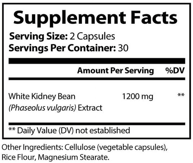 Pristine Foods White Kidney Bean Carb Blocker 1200Mg Supplement - Pure Extract Weight Loss Pills, Suppress Appetite, Lose Belly Fat - 60 Capsules