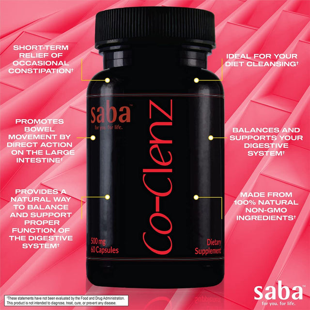 Saba Co-Clenz - 5 Day Cleanse for Men & Women-Supports Healthy Bowel Movements- Detox, Colon Health, Helps Constipation -30 Capsules,