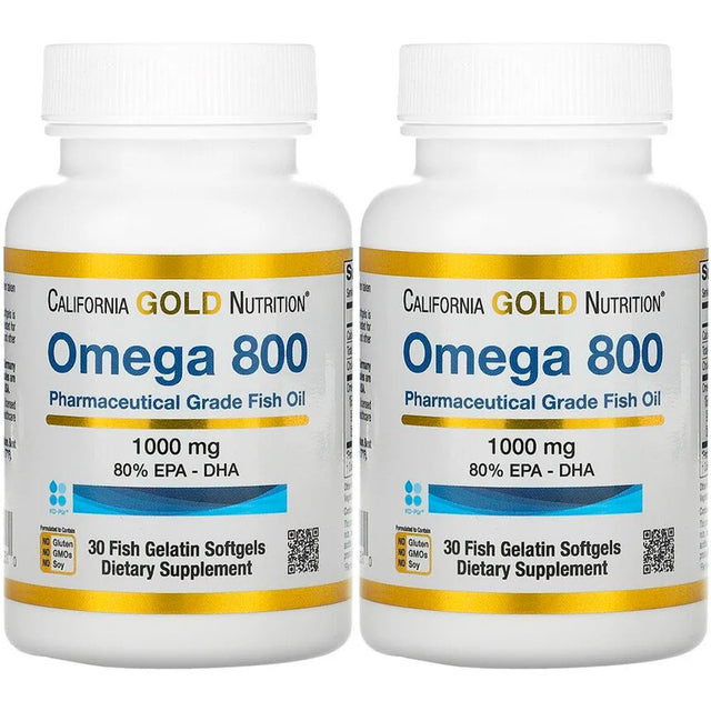 California Gold Nutrition Omega 800 Pharmaceutical Grade Fish Oil, 80% EPA/DHA, Triglyceride Form, 1,000 Mg, 30 Fish Gelatin Softgels, 2 Pack