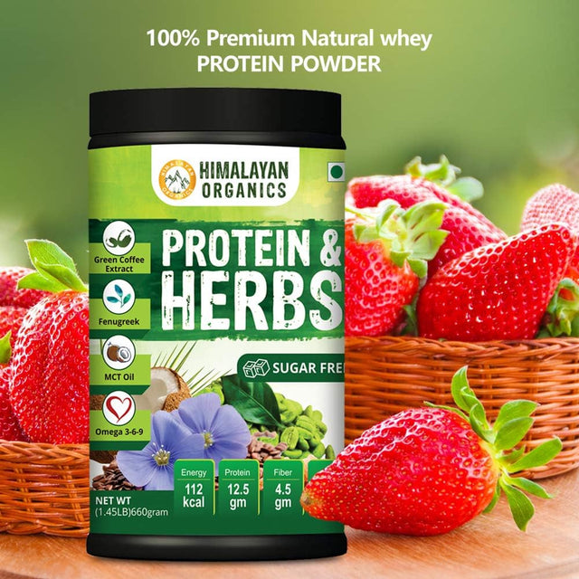 Organics Protein & Herbs, Whey Protein with Green Coffee Beans Extract, Omega 3-6-9, MCT Oil & 27 Essentials Vitamins & Minerals - 20 Servings - 0G Added Sugar (Strawberry)