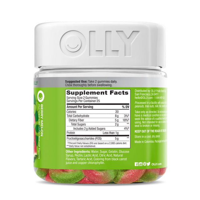 OLLY Fiber Gummy Rings, 5G Prebiotic Fiber, Digestive Support, FOS, Strawberry Watermelon, 50 Ct