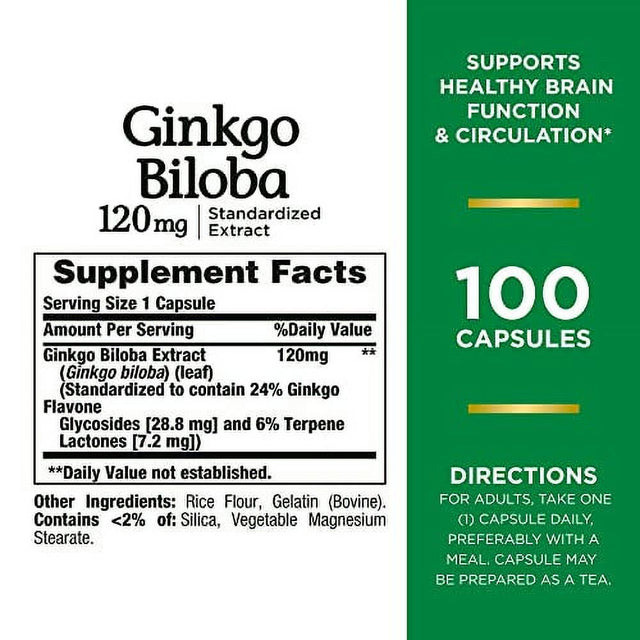 Natureâ€™S Bounty Ginkgo Biloba Capsules 120Mg, Memory Support Supplement, Supports Brain Function and Mental Alertness, 100 Capsules