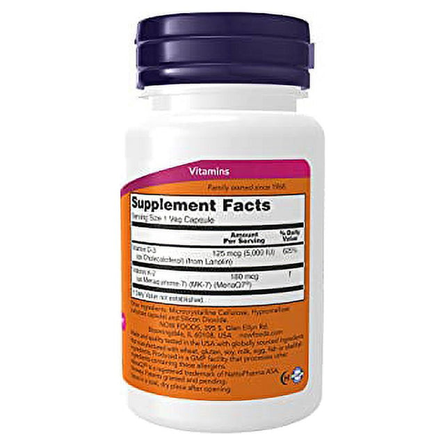 NOW Supplements, Mega D-3 & MK-7 with Vitamins D-3 & K-2, 5,000 IU/180 Mcg, Bone & Cardiovascular Support*, 60 Veg Capsules