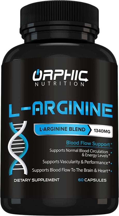 ORPHIC NUTRITION Extra Strength L Arginine - Nitric Oxide Supplement to Support Muscle Health, Exercise Performance and Endurance, Vascularity, Heart Health, Energy Levels* - 60 Caps