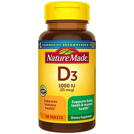 Nature Made Vitamin D3, 100 Tablets, Vitamin D 1000 IU (25 Mcg) Helps Support Immune Health, Strong Bones and Teeth, & Muscle Function, 125% of the Daily Value for Vitamin D in One Daily Tablet