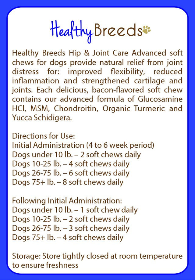 Healthy Breeds Dog Hip and Joint Care Supplement Soft Chews for Shih Tzu, Bacon Flavor, Gluten & Grain Free, Glucosamine Chondroitin Organic Turmeric Support 120 Count