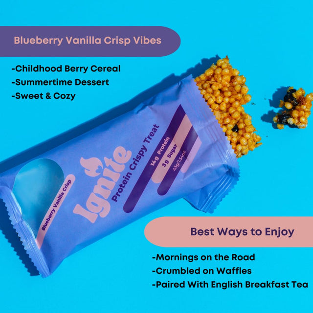 Ignite Bars Crispy Keto Rice Treat - High Protein, Low Sugar and Low Carb Snack - Guilt Free Food and Fiber Friendly Bars for Healthy Adults (Blueberry Vanilla Almond)