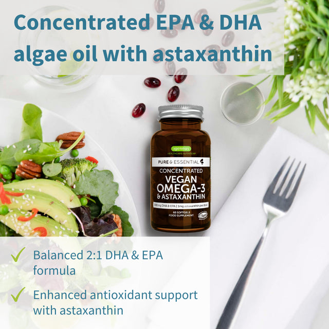 Vegan Omega 3, High Concentration EPA DHA Algae Oil, Sustainable & Pure, plus Astaxanthin, 600Mg DHA & EPA for Heart, Brain & Eye Health, 60 Small Softgels