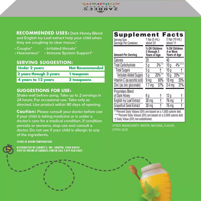 Zarbee'S Naturals Children'S Cough Syrup + Mucus with Dark Honey & Ivy Leaf, Natural Grape Flavor, 4 Oz Bottles (Pack of 3)