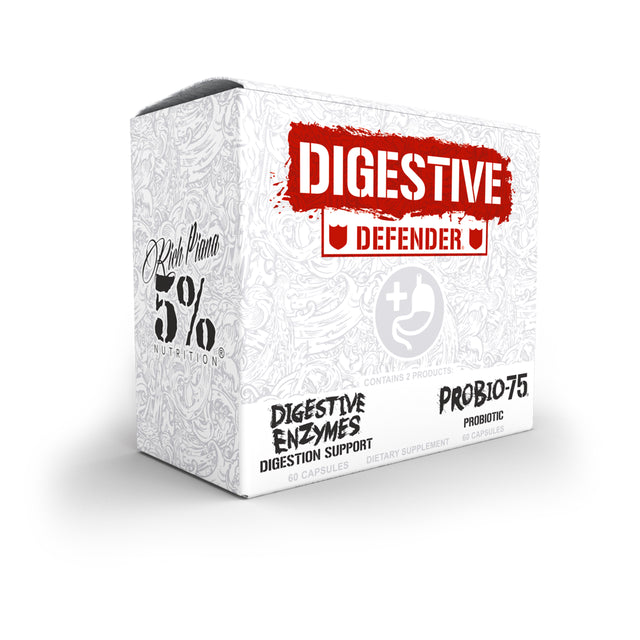 5% Nutrition Rich Piana | Probio-75 & Digestive Enzymes Digestion Supplement | Digestive Enzymes with Probiotics and Prebiotic Fiber 120 Gelatin Capsules (30 Svgs)