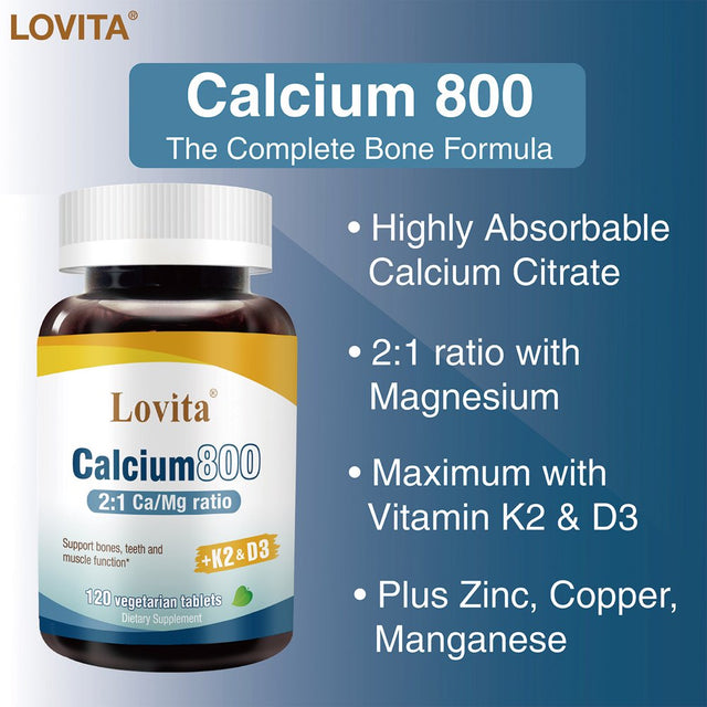 Lovita Calcium 800 Mg, Highly Absorbable Calcium Citrate with Vitamin D3 & K2, Premium 2:1 Ratio with Magnesium, plus Zinc, Copper, Manganese, Vegan Supplement for Bone Health, 120 Tablets (Pack of 3)