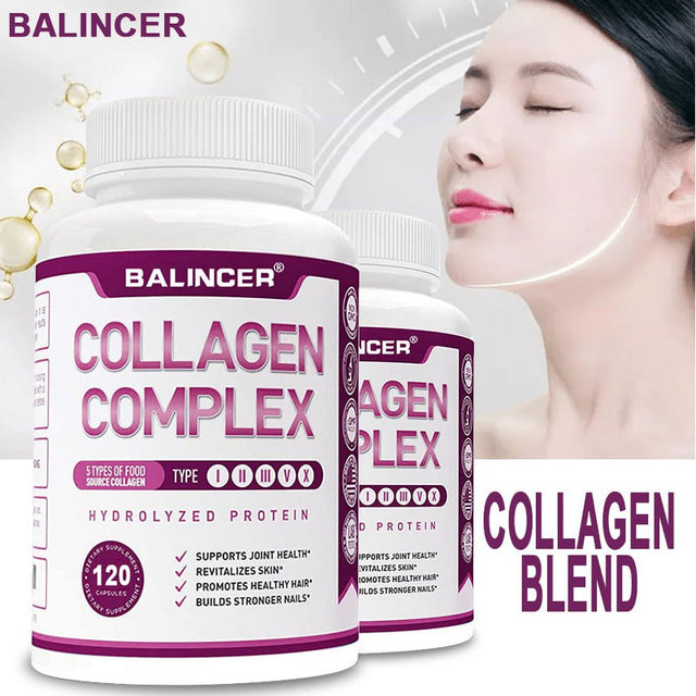 Balincer Premium Multi Collagen Peptides Capsules (Types I, II, III, V, X) - Hair, Skin and Nails, Digestive & Joint Health Supplement, Hydrolyzed Collagen Pills (60/120 Capsules)