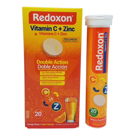 Redoxon Vitamin C with Zinc. Effervescent Dietary Supplement. Helps Your Immune System. Good against Colds and Flu. Orange Flavored. 20 Tablets. 2.82 Oz / 80 Gr. Pack of 3