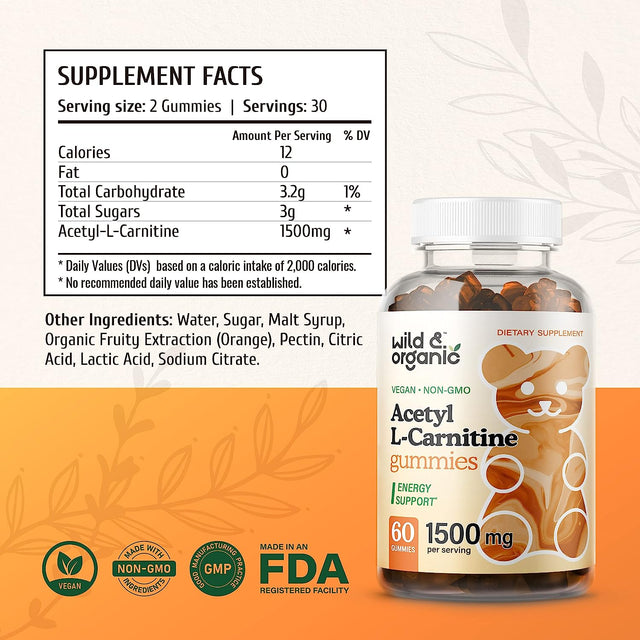 Wild & Organic Acetyl L-Carnitine Gummies - Natural Dietary Supplement - 1500Mg ALCAR to Support Boost Energy & Metabolism, Cognitive & Immune System Function - 60 Chews per Bottle