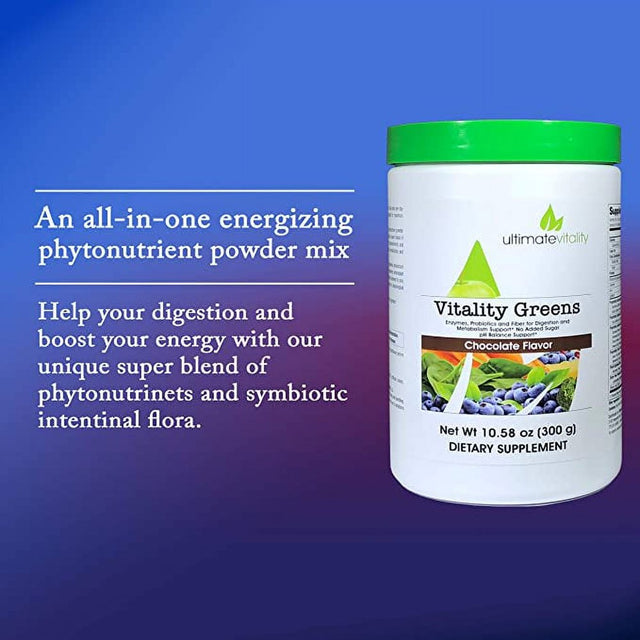 Ultimate Vitality Greens - Green Superfood Detox Powder - Powerful Antioxidant and Detoxification Support with Plant Enzymes and Probiotics - Natural Chocolate Flavor Dietary Supplement - 30 Servings