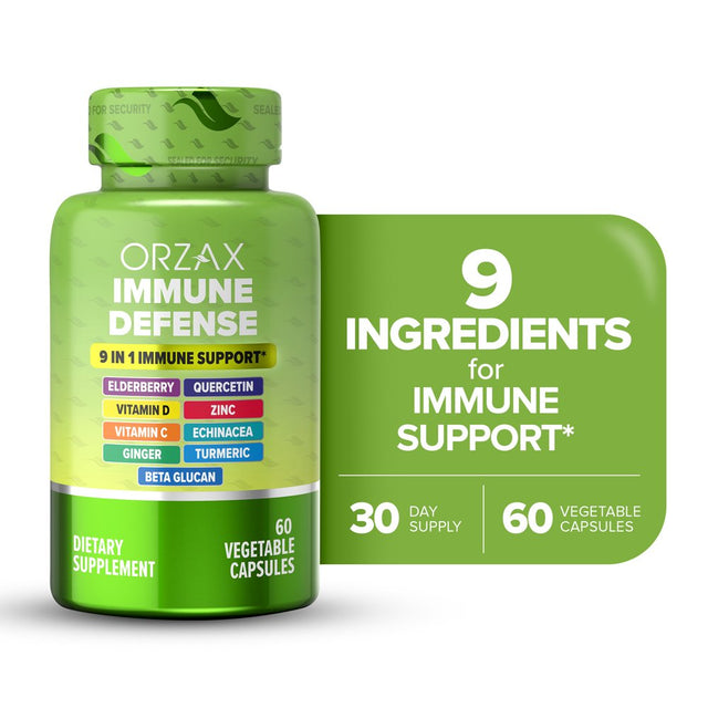 ORZAX 9 in 1 Immune Defense Supplement High Strength Vitamin C & D with Zinc, Quercetin, Turmeric & Ginger, Echinacea Capsules - Herbal Defense for Immune System Support - 60 Veg Capsules