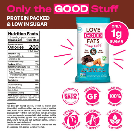 Love Good Fats Plant-Based Keto Protein Snack Bars - Dark Chocolate Sea Salt and Almonds - 13G Good Fats, 9G Protein, 4G Net Carbs, 1G Sugar, Gluten-Free, Non GMO - Dark Chocolatey Sea Salt & Almonds, 12 Pack