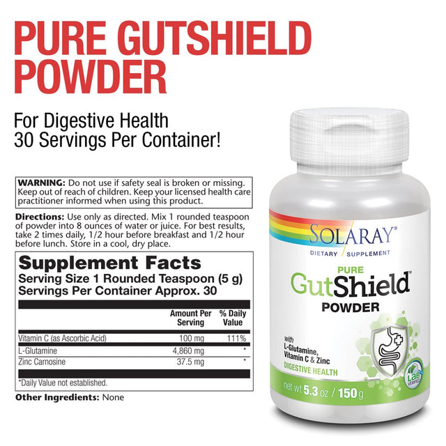 Solaray Pure Gutshield Powder | Digestive Gut Health Support for Adults | L-Glutamine, Vitamin C, Zinc | 150G, 30 Serv.