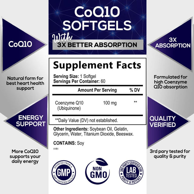 Coq10 100Mg Softgels - Powerful Coq10 100 Mg - Superior Absorption - Antioxidant for Heart Health Support & Energy Production - Coenzyme Q10 Vitamins & Supplements - 2 Month Supply - 60 Softgels