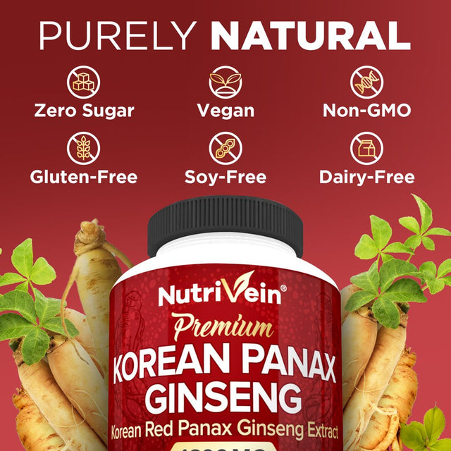 Nutrivein Korean Red Panax Ginseng 1600Mg - 120 Vegan Capsules - for Energy, Libido