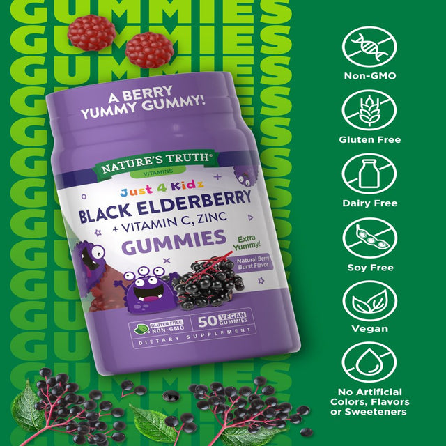 Kids Black Elderberry Gummies | 50 Count | with Zinc and Vitamin C | Vegan, Non-Gmo & Gluten Free Supplement | by Nature'S Truth