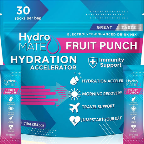 Hydromate Electrolytes Powder Packets Fruit Punch Low Sugar Hydration Accelerator Electrolyte Drink Mix Stick Pacls Party Favors with Vitamin B12 for Recovery and Dehydration Relief 30 Count