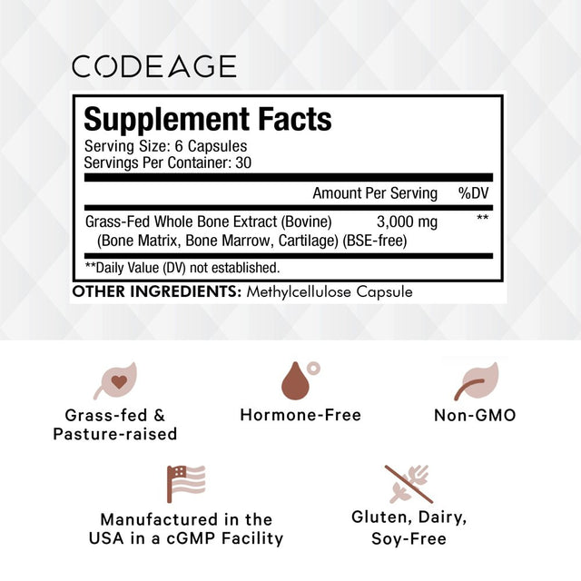 Codeage Grass-Fed Bone Marrow, Bovine Whole Bone Extract, Freeze Dried, Non-Defatted, Desiccated, 180 Ct