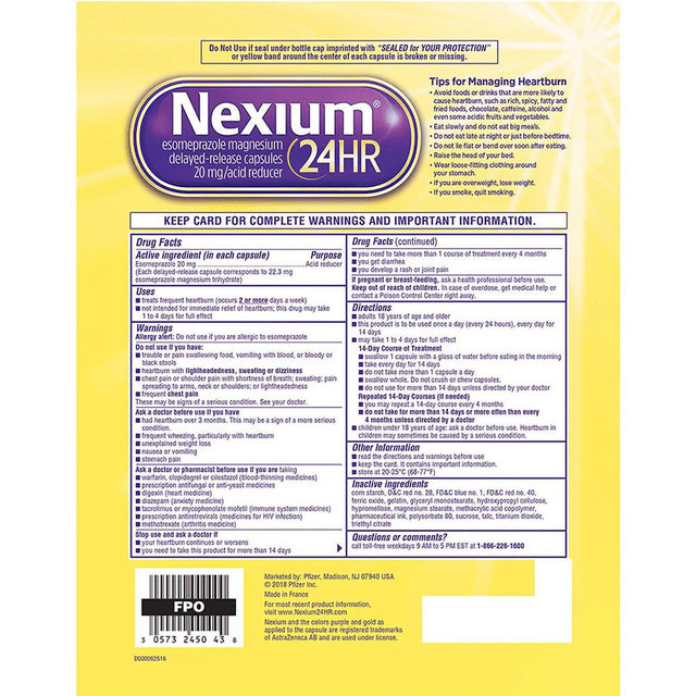 Nexium 24HR Acid Reducer 20Mg., 42 Capsules FAST SHIPPING EX 2024