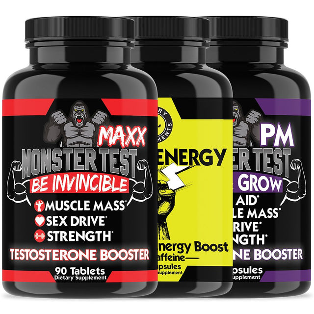 Monster Maxx Testosterone Booster, Angry Energy All-Natural Energy with Caffeine and Monster PM Sleep Aid with Melatonin and Valerian Root