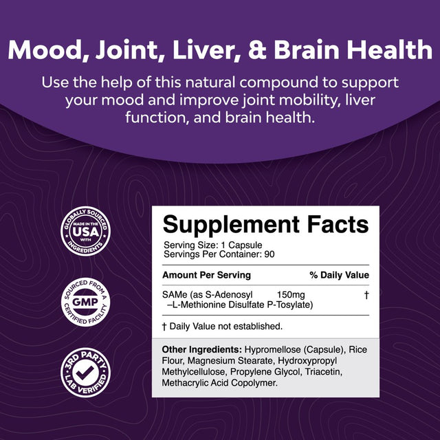 Pure SAM-E Nootropic Brain Supplement - Brain Support Supplement with S Adenosyl Methionine Memory Pills for Brain Health and Joint Health - Immune Support Supplement and Mood Support Supplement