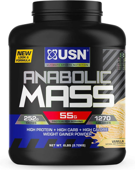 Supplements Anabolic Mass Vanilla, Sports Nutrition Weight Gainer Supplement, Whey Protein Concentrate, Whey Protein Isolate, Casein, Egg White Protein, MCT Derived from Coconut, 6 Pound