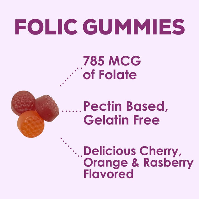 Folic Acid Gummies for Women 785 Mcg, Essential Prenatal Vitamins for Mom & Baby, Vegan Folic Acid Supplement Gummy, B9 Chewable Extra Strength Folate for before during after Pregnancy - 60 Gummies