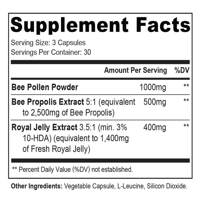 Immune Boosting, Pure Royal Jelly Capsules with Bee Pollen, Bee Propolis, 90 Veggie Caps