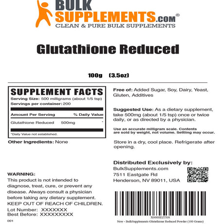 Bulksupplements.Com Glutathione Reduced Powder (100G - 200 Servings)