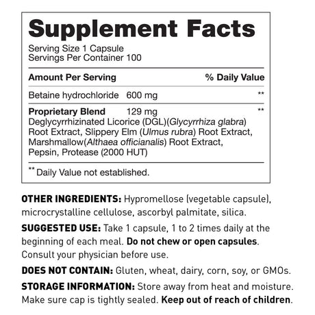 Gut Restore Betaine HCL with Pepsin Amy Myers - Supports Calcium, Iron & Other Mineral Absorption. Licorice, Slippery Elm & Marshmallow Root Extract, Helps Alleviate Food Sensitivities - 100 Capsules