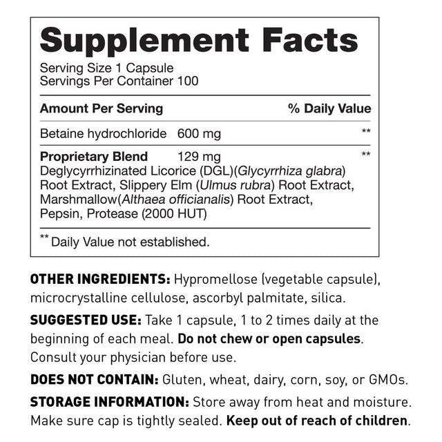 Gut Restore Betaine HCL with Pepsin Amy Myers - Supports Calcium, Iron & Other Mineral Absorption. Licorice, Slippery Elm & Marshmallow Root Extract, Helps Alleviate Food Sensitivities - 100 Capsules