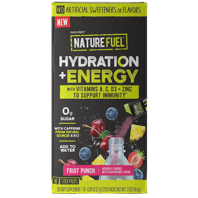 Nature Fuel Hydration + Energy - with Vitamins A, C, D3, & Zinc to Support Immunity - Fruit Punch Flavor - 18 Stick Packs - Pantry Friendly