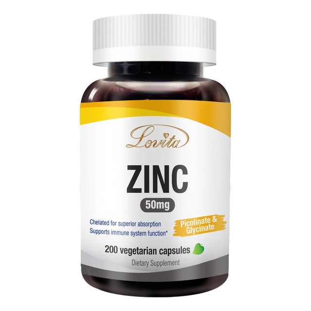 Lovita Zinc 50Mg | Potent Highly-Absorbed Chelated Zinc Supplements, Picolinate & Bisglycinate | Vegan, Gluten Free, Non-Gmo | for Immune, Antioxidant Support & Healthy Skin | 200 Capsules